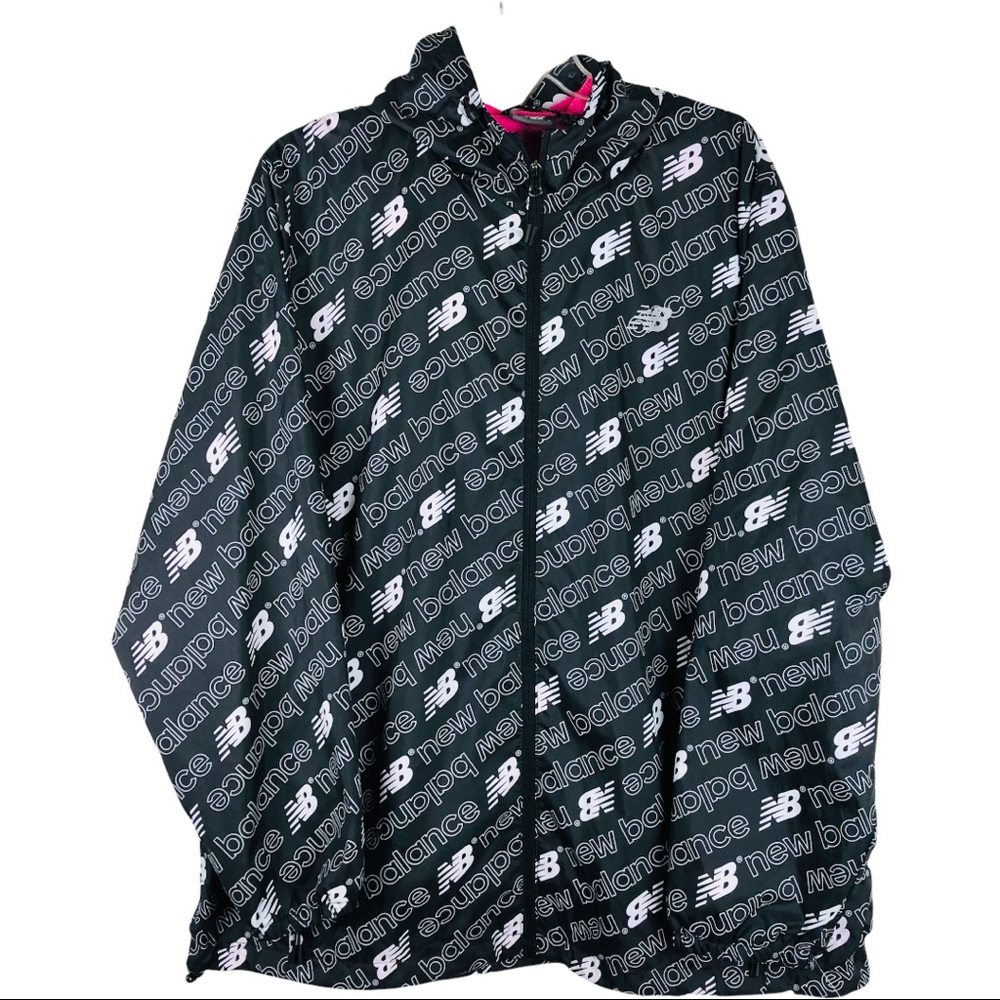 New Balance black white logo spell out hooded full zip windbreaker jacket
